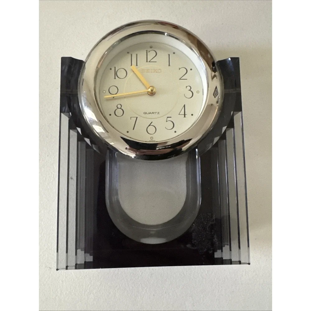 Seiko Quartz Glass Crystal Desk Mantel Clock Chrome Base Japan Works